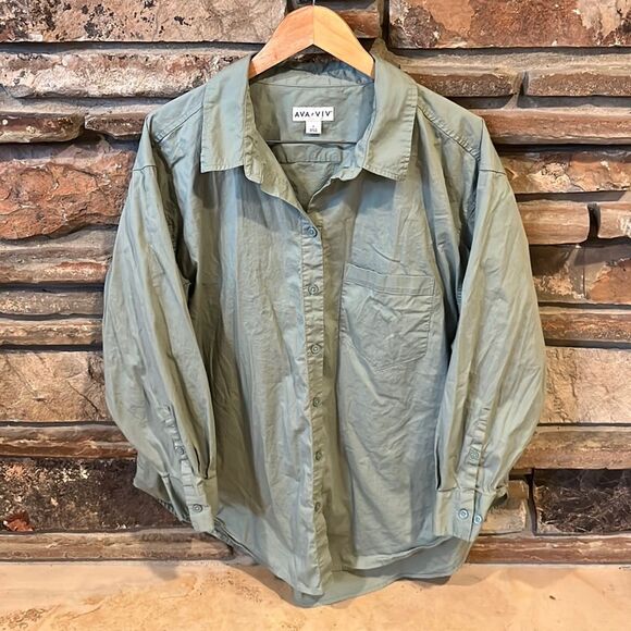 Ava & Viv Tops - Ava & Viv Oversized Sage Green Stretch Cotton Button Down Shirt